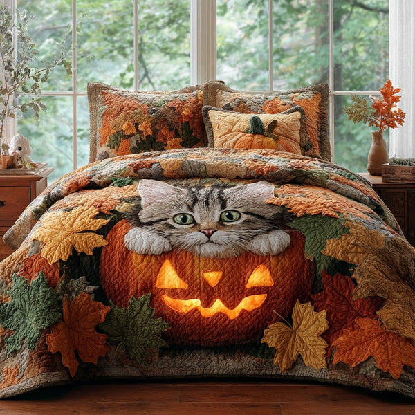 Cozy Scarf Kitty quilted 3-piece bedding set on a made bed with two matching pillow shams