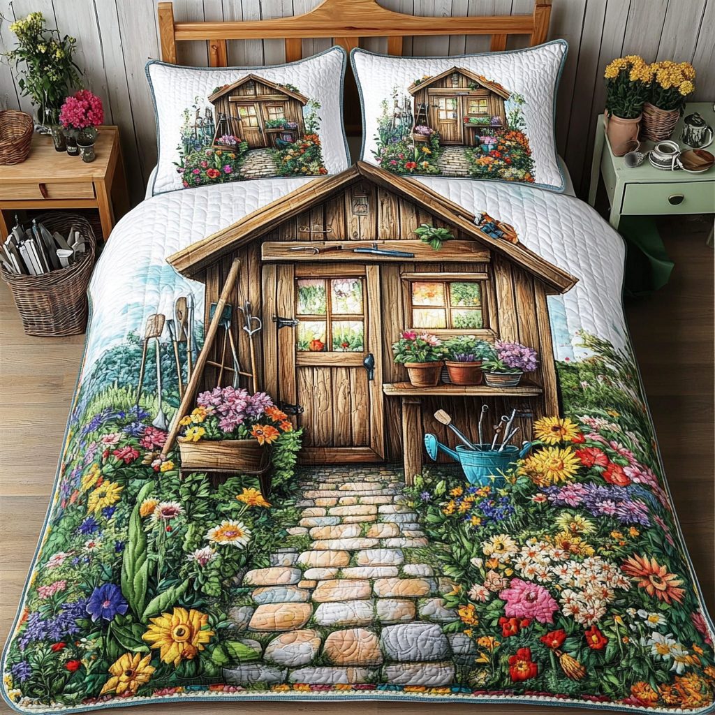 Cozy Shed quilted 3-piece bedding set on a made bed with two matching pillow shams