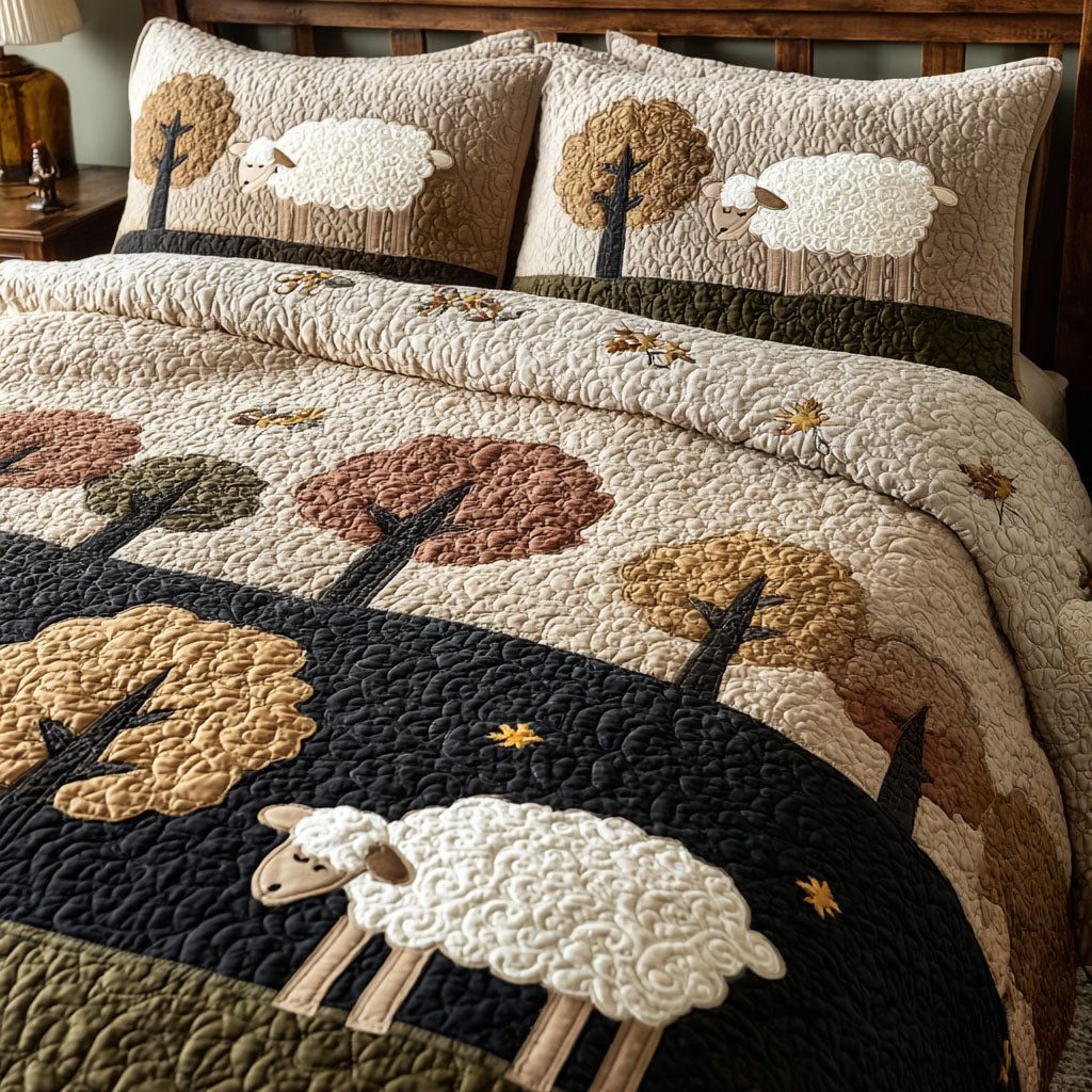 Cozy Sheep quilted 3-piece bedding set on a made bed with two matching pillow shams