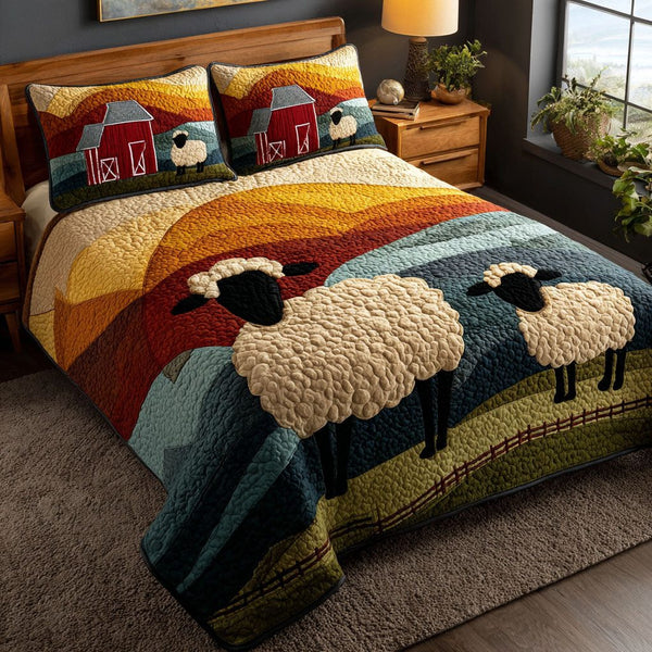 Cozy Sheep quilted 3-piece bedding set on a made bed with two matching pillow shams
