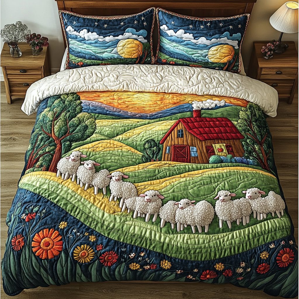 Cozy Sheep quilted 3-piece bedding set on a made bed with two matching pillow shams