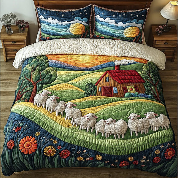 Cozy Sheep quilted 3-piece bedding set on a made bed with two matching pillow shams