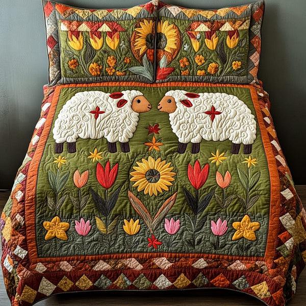 Cozy Sheep quilted 3-piece bedding set on a made bed with two matching pillow shams