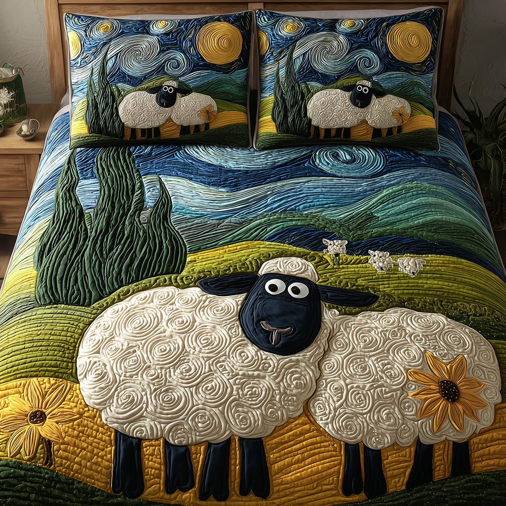 Cozy Sheep quilted 3-piece bedding set on a made bed with two matching pillow shams