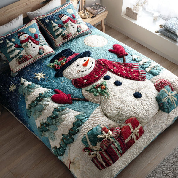 Cozy Snow Harmony quilted 3-piece bedding set on a made bed with two matching pillow shams