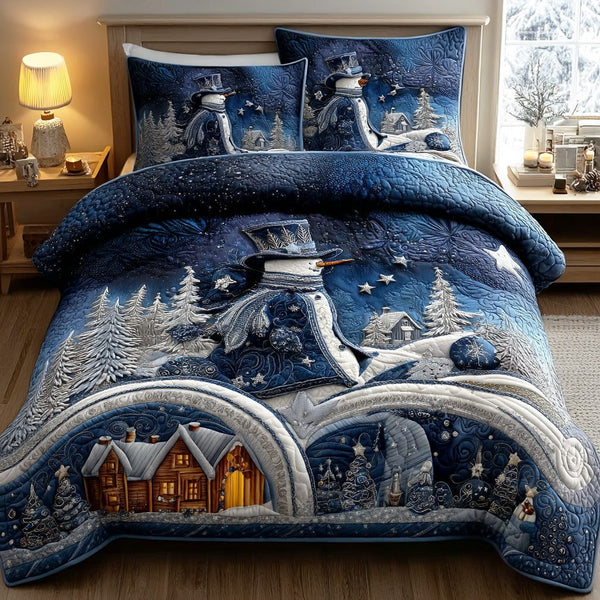 Cozy Snow Village quilted 3-piece bedding set on a made bed with two matching pillow shams
