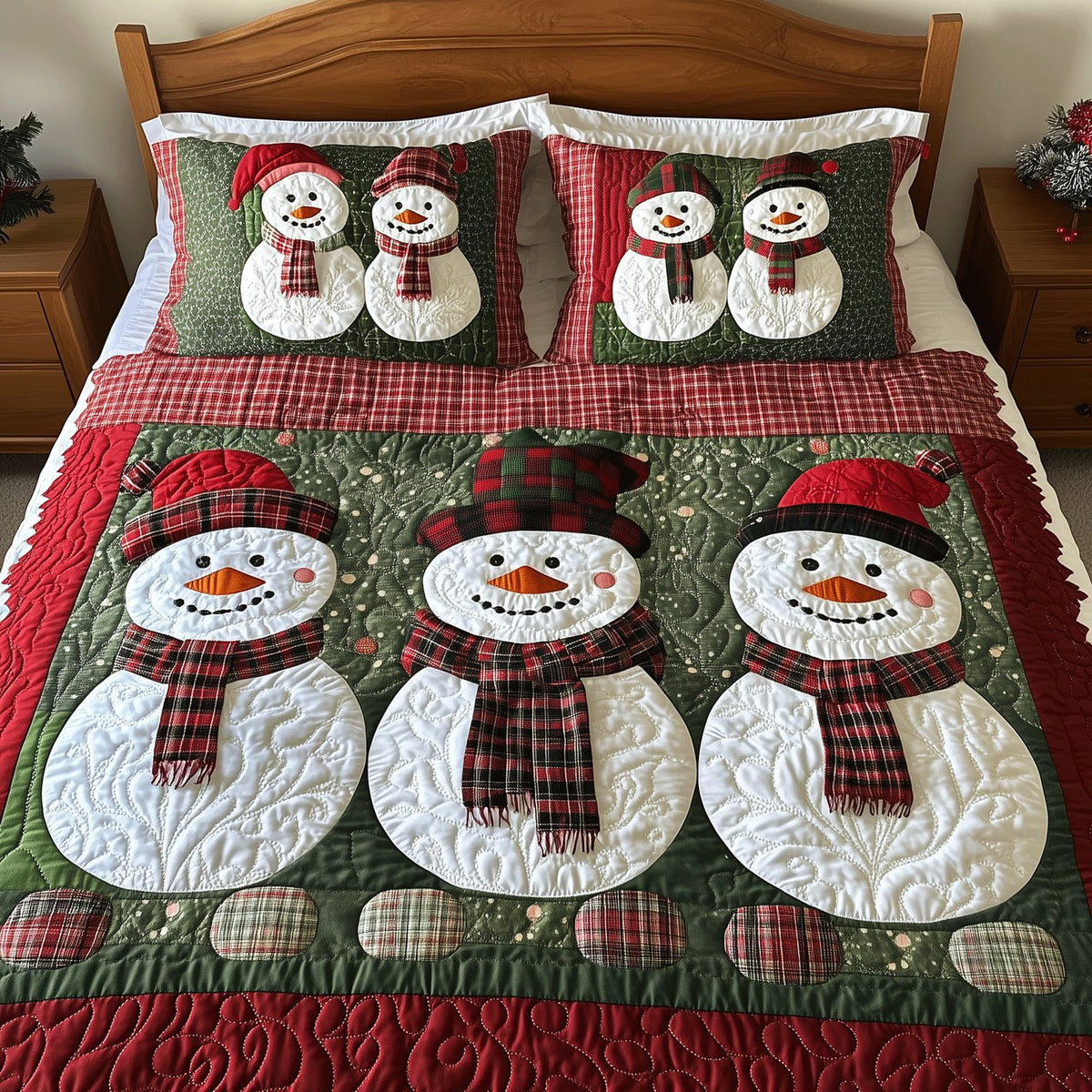 Cozy Snowman Charm quilted 3-piece bedding set on a made bed in a winter-styled bedroom