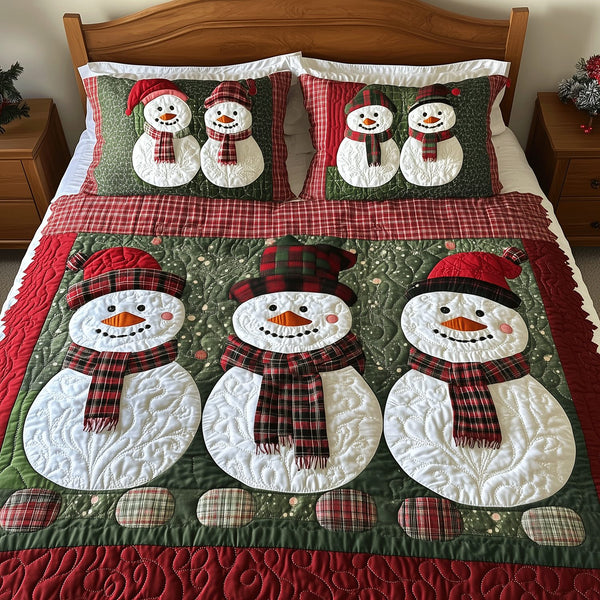 Cozy Snowman Charm quilted 3-piece bedding set on a made bed in a winter-styled bedroom
