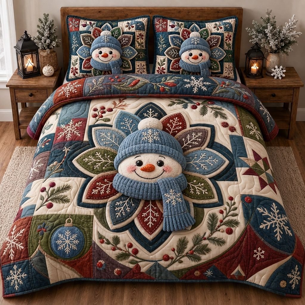 Cozy Snowman Nights quilted 3-piece bedding set on a made bed in a winter-styled bedroom