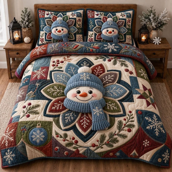 Cozy Snowman Nights quilted 3-piece bedding set on a made bed in a winter-styled bedroom