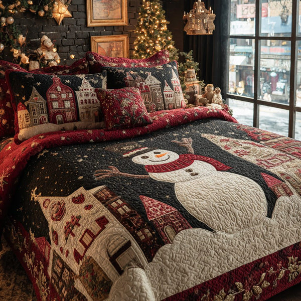 Cozy Snowman quilted 3-piece bedding set on a made bed in a winter-styled bedroom