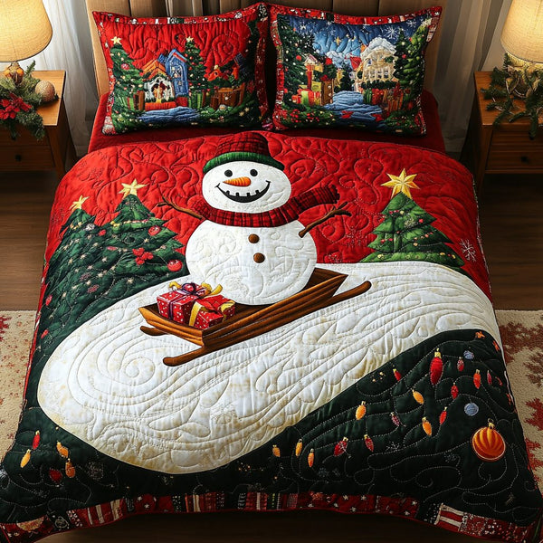 Cozy Snowman quilted 3-piece bedding set on a made bed in a winter-styled bedroom