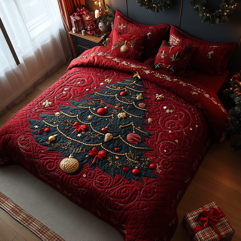Cozy Spruce quilted 3-piece bedding set on a made bed with two matching pillow shams