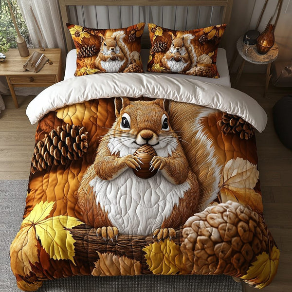 Cozy Squirrel quilted 3-piece bedding set on a made bed with two matching pillow shams