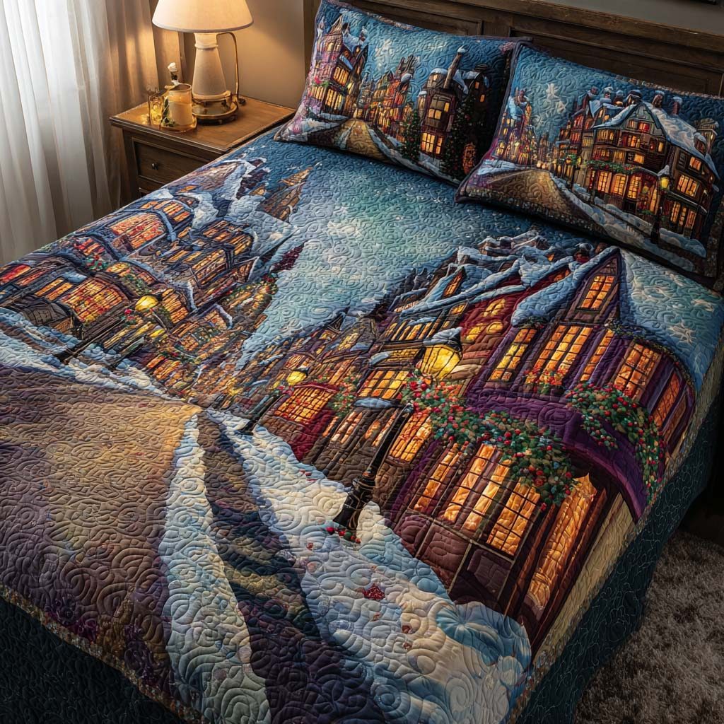 Cozy Street quilted 3-piece bedding set on a made bed with two matching pillow shams