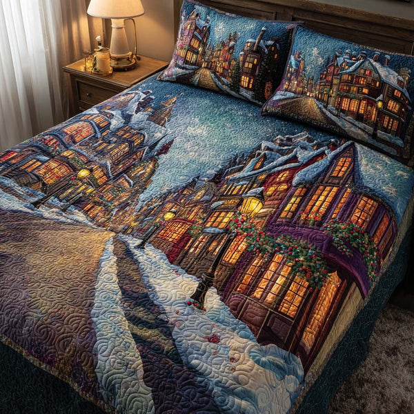Cozy Street quilted 3-piece bedding set on a made bed with two matching pillow shams