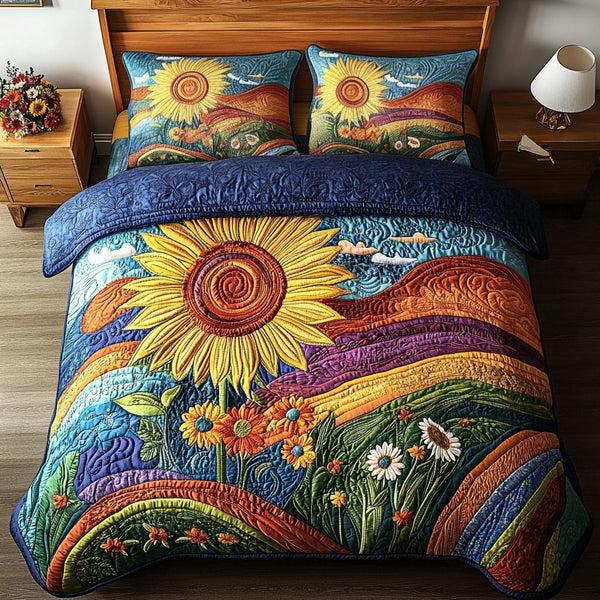 Cozy Sunflowers quilted 3-piece bedding set on a made bed with two matching pillow shams