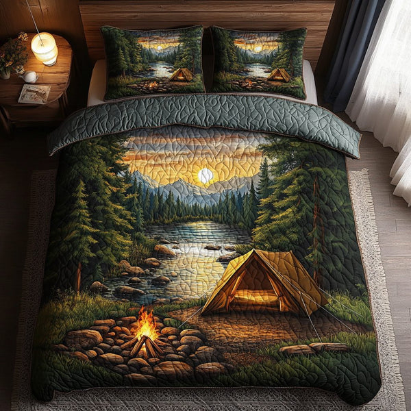 Cozy Tent quilted 3-piece bedding set on a made bed with two matching pillow shams