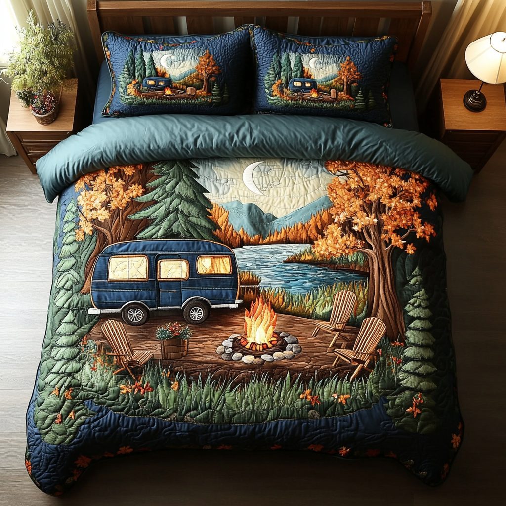 Cozy Tent quilted 3-piece bedding set on a made bed with two matching pillow shams