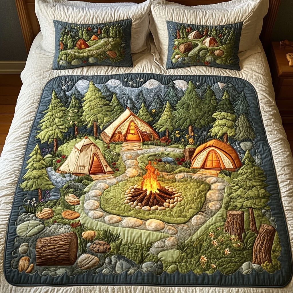 Cozy Tents quilted 3-piece bedding set on a made bed with two matching pillow shams