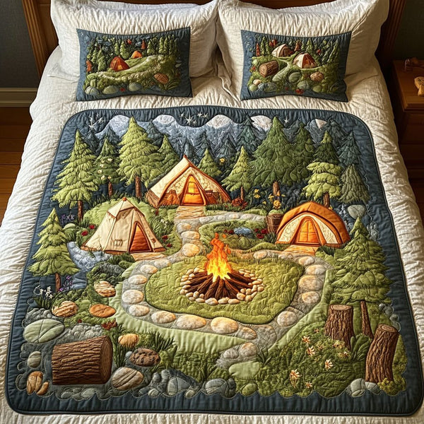 Cozy Tents quilted 3-piece bedding set on a made bed with two matching pillow shams