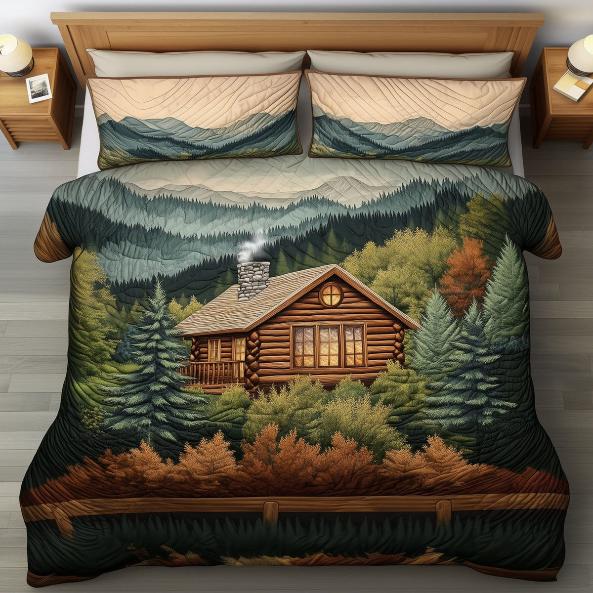 Cozy Timeless quilted 3-piece bedding set on a made bed in a farmhouse bedroom
