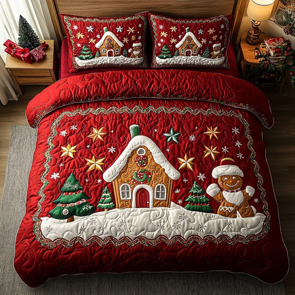 Cozy Treats quilted 3-piece bedding set on a made bed with two matching pillow shams