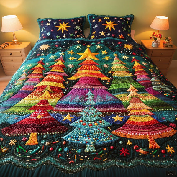 Cozy Tree Dreamscape quilted 3-piece bedding set on a made bed with two matching pillow shams