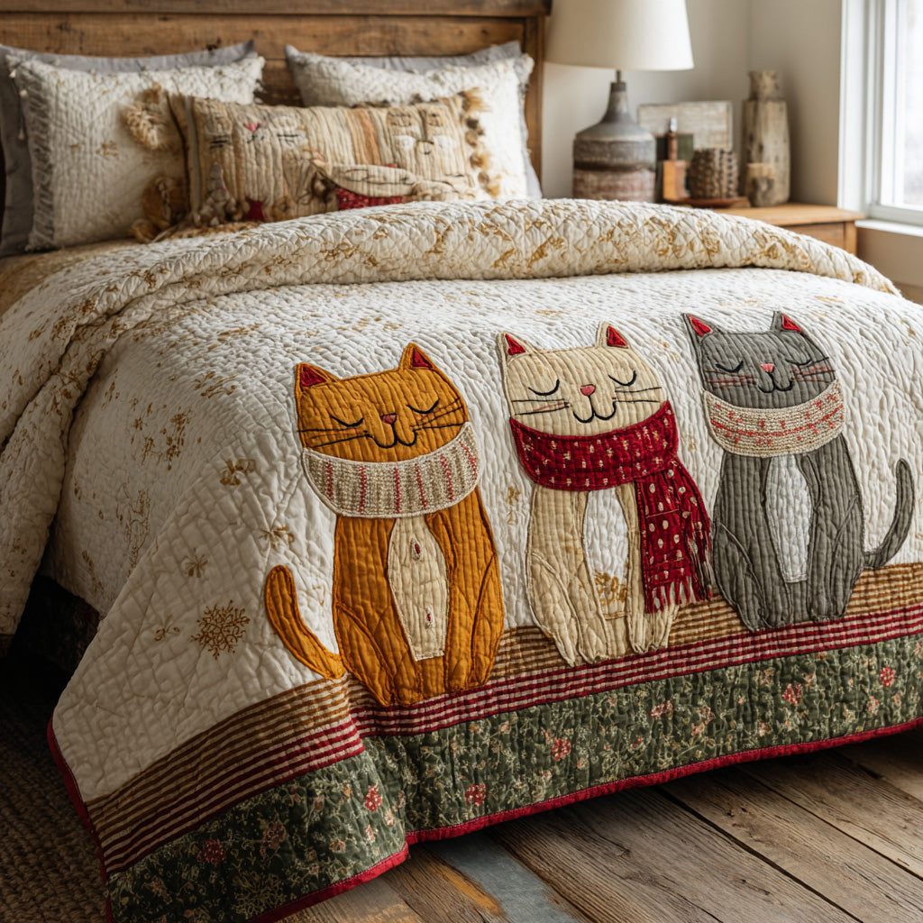 Cozy Trio quilted 3-piece bedding set on a made bed with two matching pillow shams