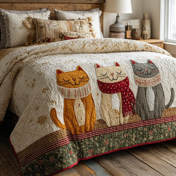 Cozy Trio quilted 3-piece bedding set on a made bed with two matching pillow shams