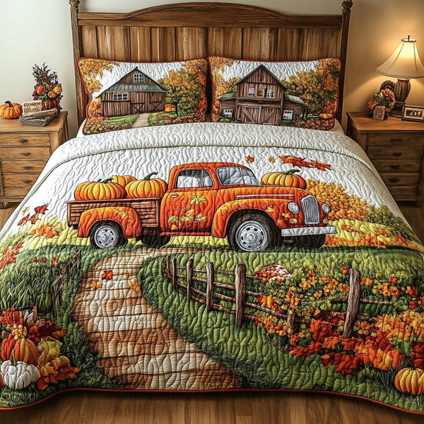Cozy Truck quilted 3-piece bedding set on a made bed with two matching pillow shams