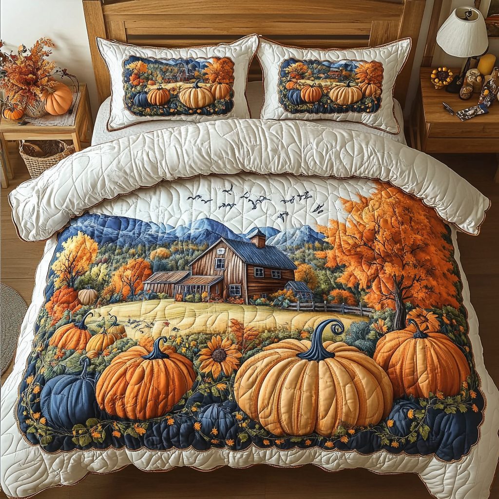 Cozy Valley quilted 3-piece bedding set on a made bed with two matching pillow shams