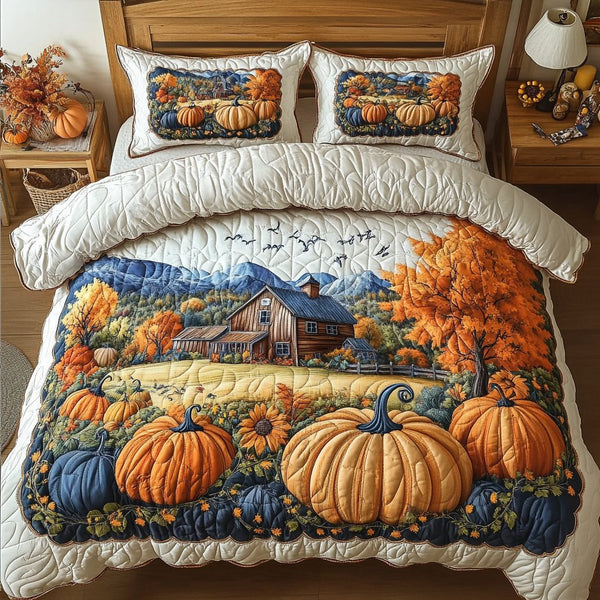 Cozy Valley quilted 3-piece bedding set on a made bed with two matching pillow shams