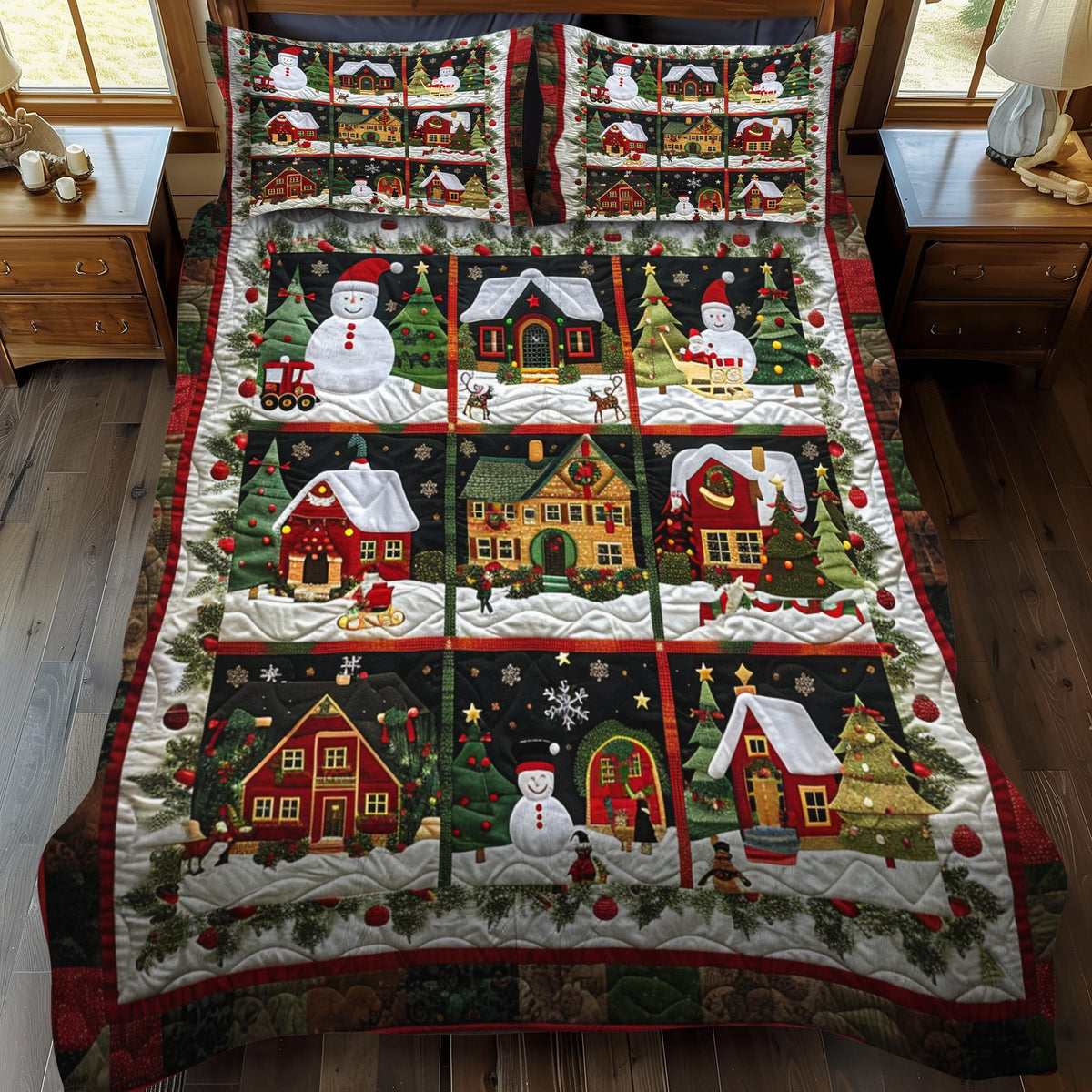 Cozy Village Christmas quilted 3-piece bedding set on a made bed in a winter-styled bedroom