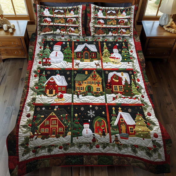 Cozy Village Christmas quilted 3-piece bedding set on a made bed in a winter-styled bedroom