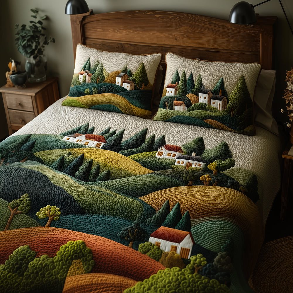 Cozy Village quilted 3-piece bedding set on a made bed with two matching pillow shams