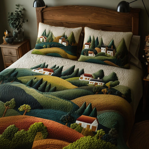 Cozy Village quilted 3-piece bedding set on a made bed with two matching pillow shams