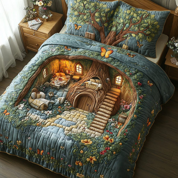 Cozy Whimsy quilted 3-piece bedding set on a made bed with two matching pillow shams