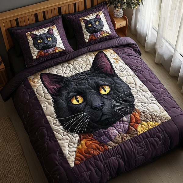 Cozy Whisker quilted 3-piece bedding set on a made bed with two matching pillow shams