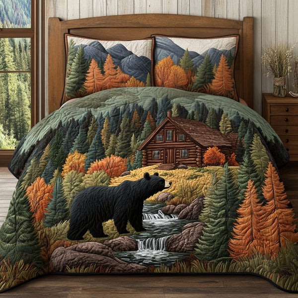 Cozy Wilderness quilted 3-piece bedding set on a made bed with two matching pillow shams