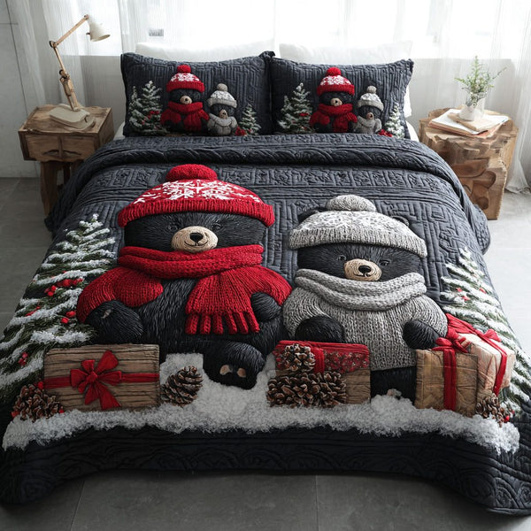 Cozy Winter Bear quilted 3-piece bedding set on a made bed in a winter-styled bedroom