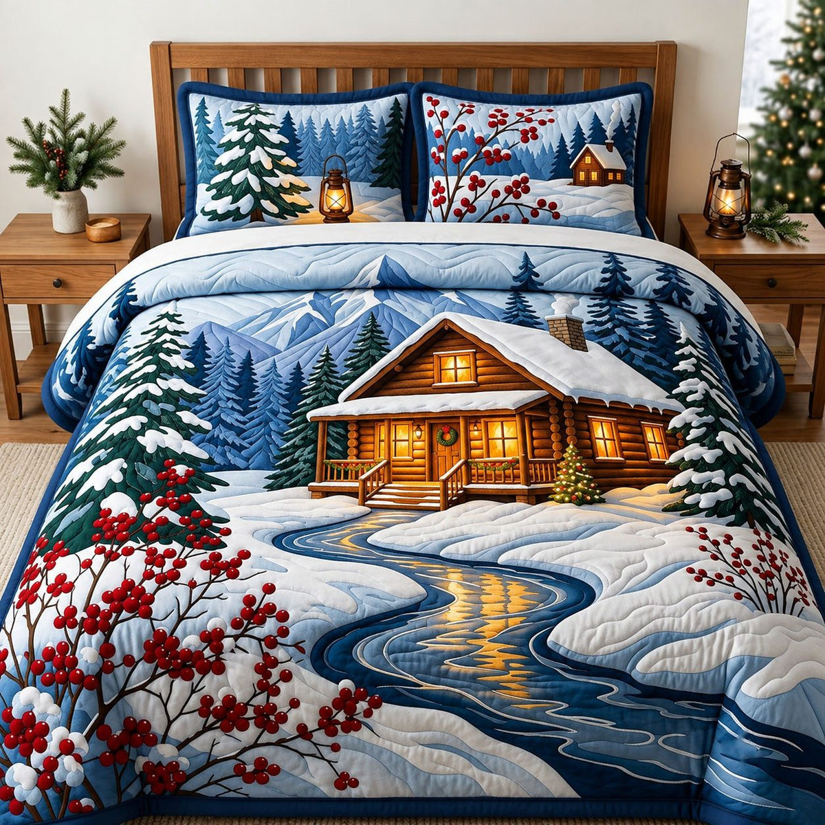 Cozy Winter Cabin quilted 3-piece bedding set on a made bed in a winter-styled bedroom