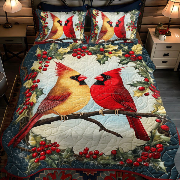 Cozy Winter Cardinals quilted 3-piece bedding set on a made bed in a winter-styled bedroom