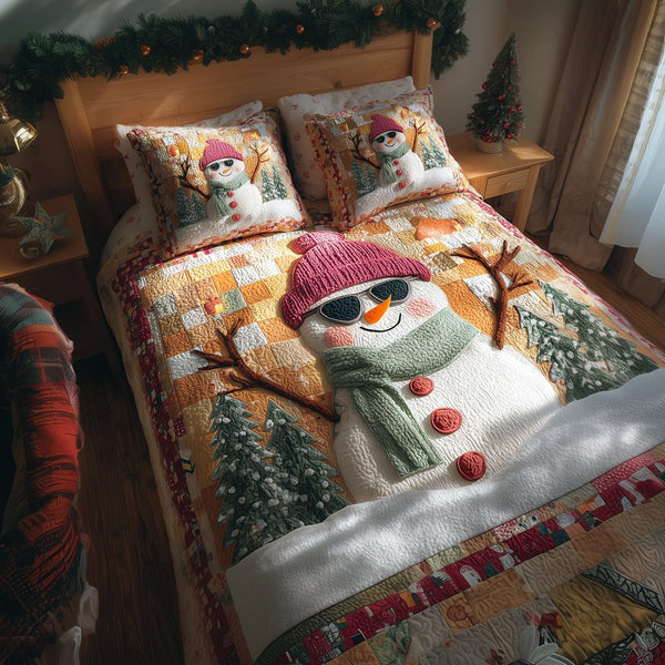 Cozy Winter quilted 3-piece bedding set on a made bed in a winter-styled bedroom
