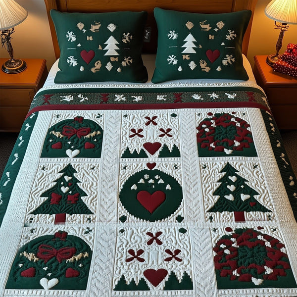 Cozy Winter Whiskers quilted 3-piece bedding set on a made bed in a winter-styled bedroom