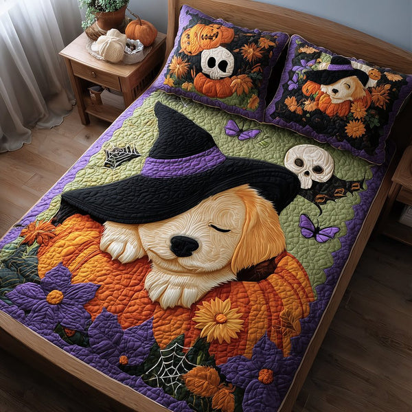 Cozy Witch Retriever quilted 3-piece bedding set on a made bed against a dark styled interior