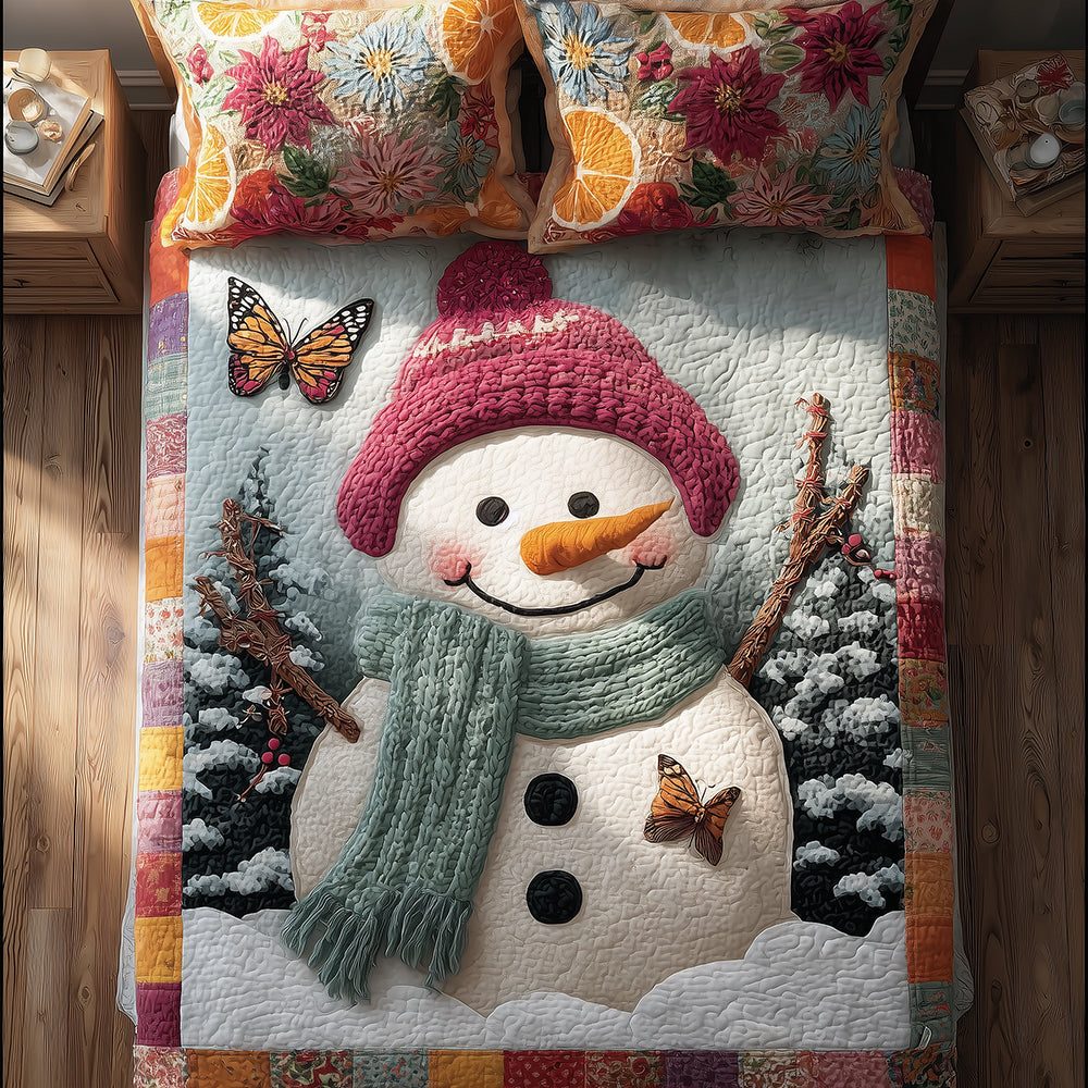 Cozy Xmas quilted 3-piece bedding set on a made bed in a winter-styled bedroom