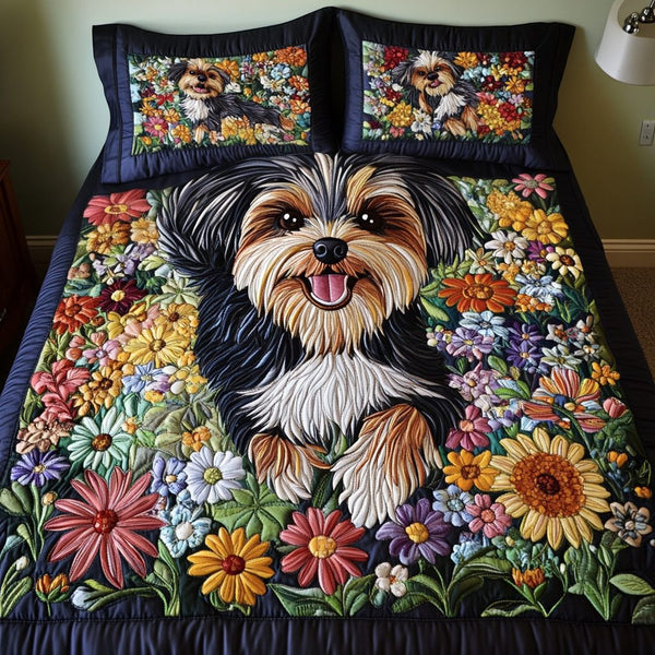 Cozy Yorkie quilted 3-piece bedding set on a made bed with two matching pillow shams