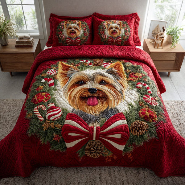 Cozy Yorkshire Terrier quilted 3-piece bedding set on a made bed with two matching pillow shams
