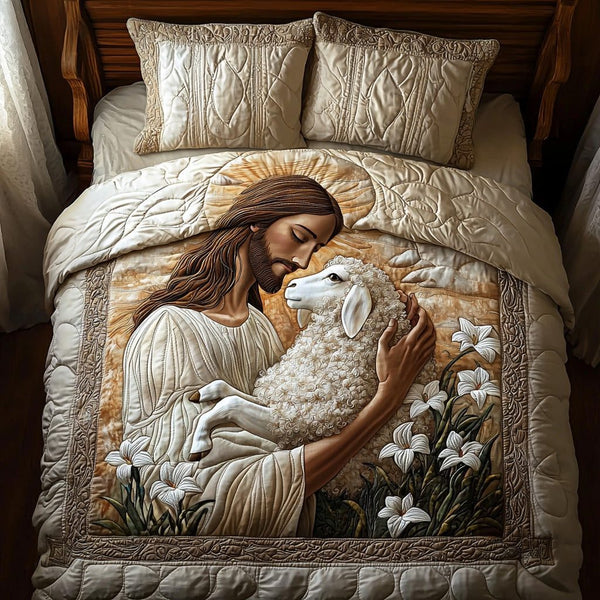 Cradle of Grace quilted 3-piece bedding set on a made bed with two matching pillow shams